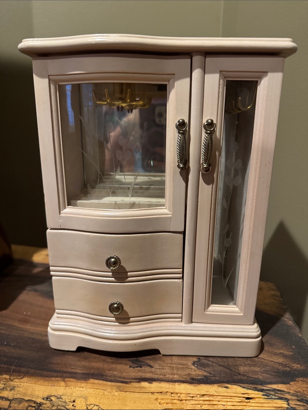 Classic Cream Jewelry Organizer Cabinet with Mirrored Door and Drawers